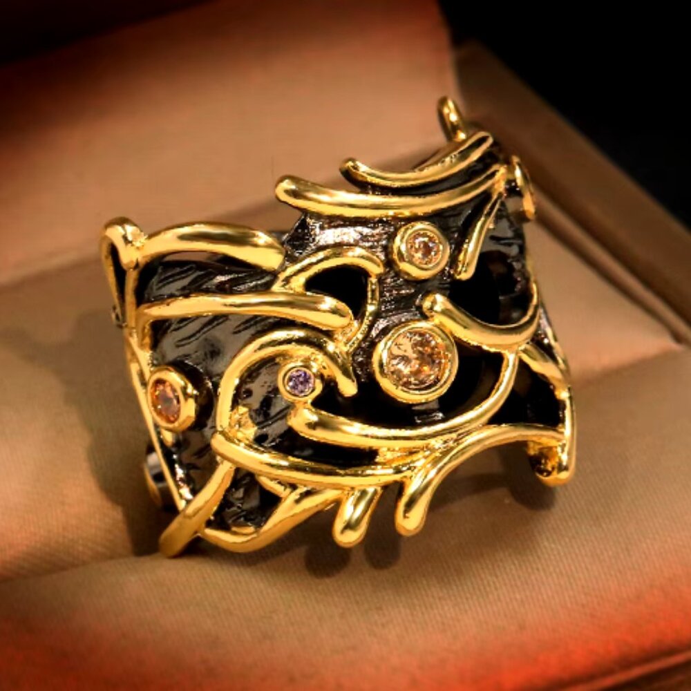 Wide Abstract  Black Gold Inlaid Red Zircon Statement Cocktail Ring Size…